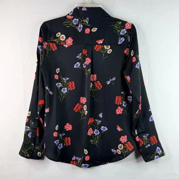 Express The Portofino Shirt Slim Fit Floral Long Sleeve Blouse Black Red Small - Picture 8 of 13